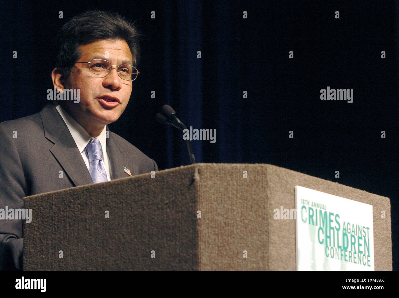 United States Attorney General Alberto R. Gonzales gives the opening address at the 8th Annual Crimes Against Children Conference on August 21, 2006 in Dallas, TX.  The event is billed as the Nation's foremost conference on responding to the victimization of children.  (UPI Photo/Ian Halperin) Stock Photo
