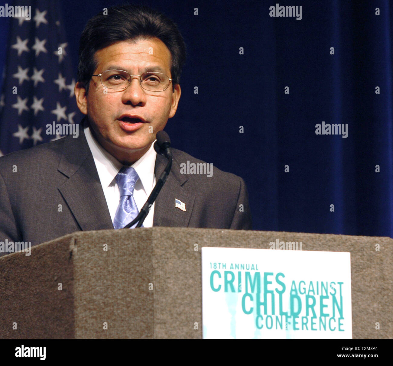 United States Attorney General Alberto R. Gonzales gives the opening address at the 8th Annual Crimes Against Children Conference on August 21, 2006 in Dallas, TX.  The event is billed as the Nation's foremost conference on responding to the victimization of children.  (UPI Photo/Ian Halperin) Stock Photo