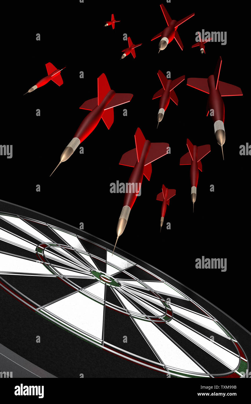 3D rendering of many darts flying to target Stock Photo