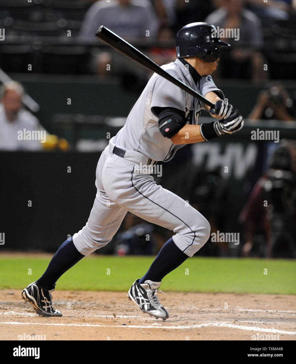 Seattle Mariners Ichiro Suzuki gets hit number 200 in the second inning  against the Texas Rangers September 13, 2009 at the Rangers Ballpark in  Arlington, Texas. Ichiro became the first player to