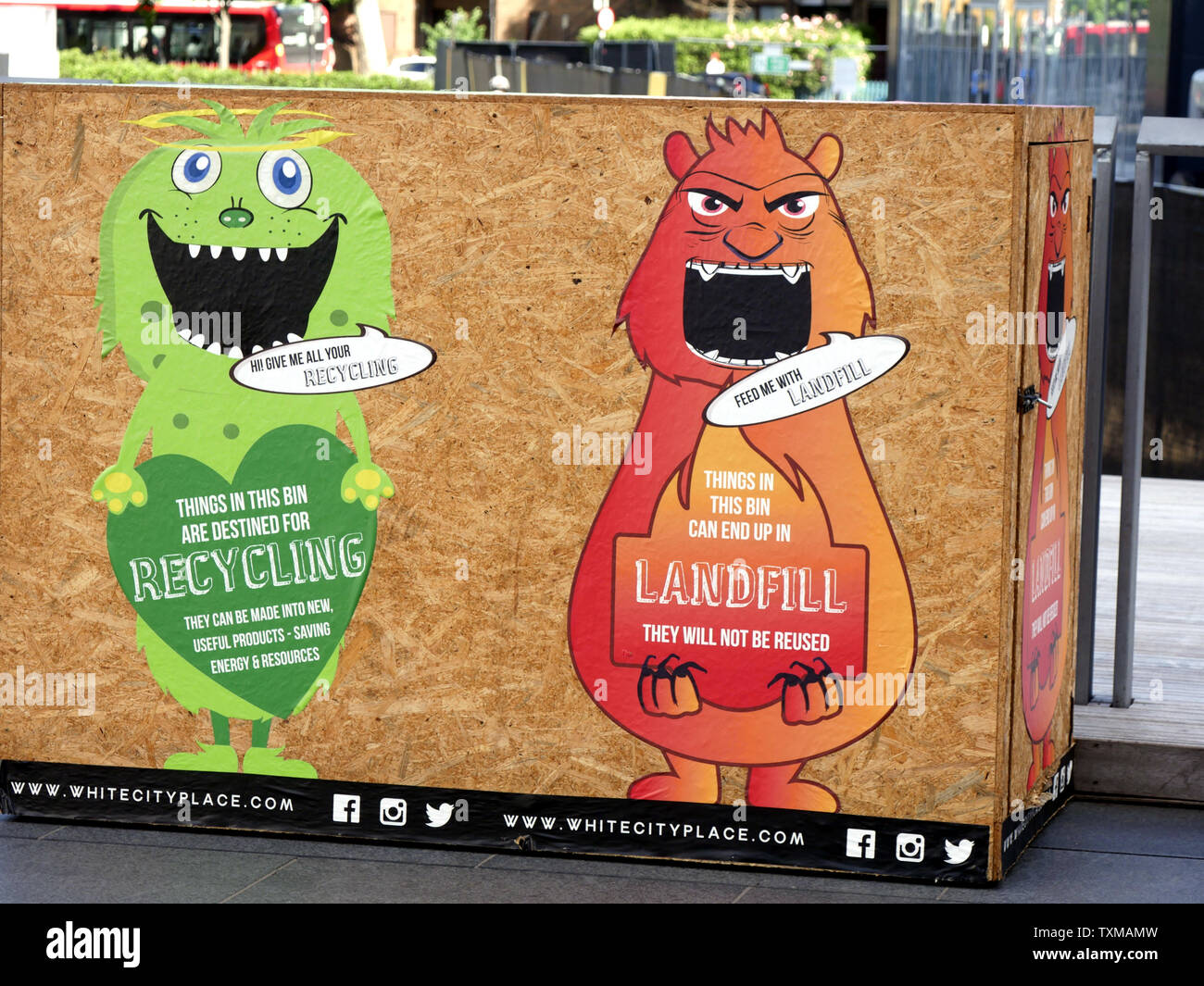 Box with comic characters to encourage recycling and show how landfill is not recycled at White City Place, London, UK Stock Photo