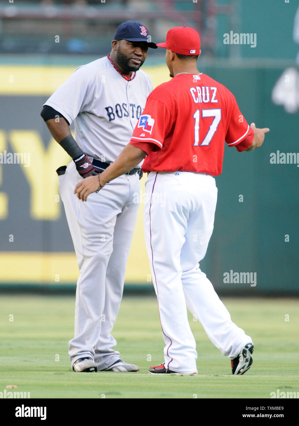 Boston Red Sox David Ortiz and Texas Rangers Nelson Cruz talk prior to the  game at Rangers Ballpark in Arlington, Texas on August 25, 2011. UPI/Ian  Halperin Stock Photo - Alamy