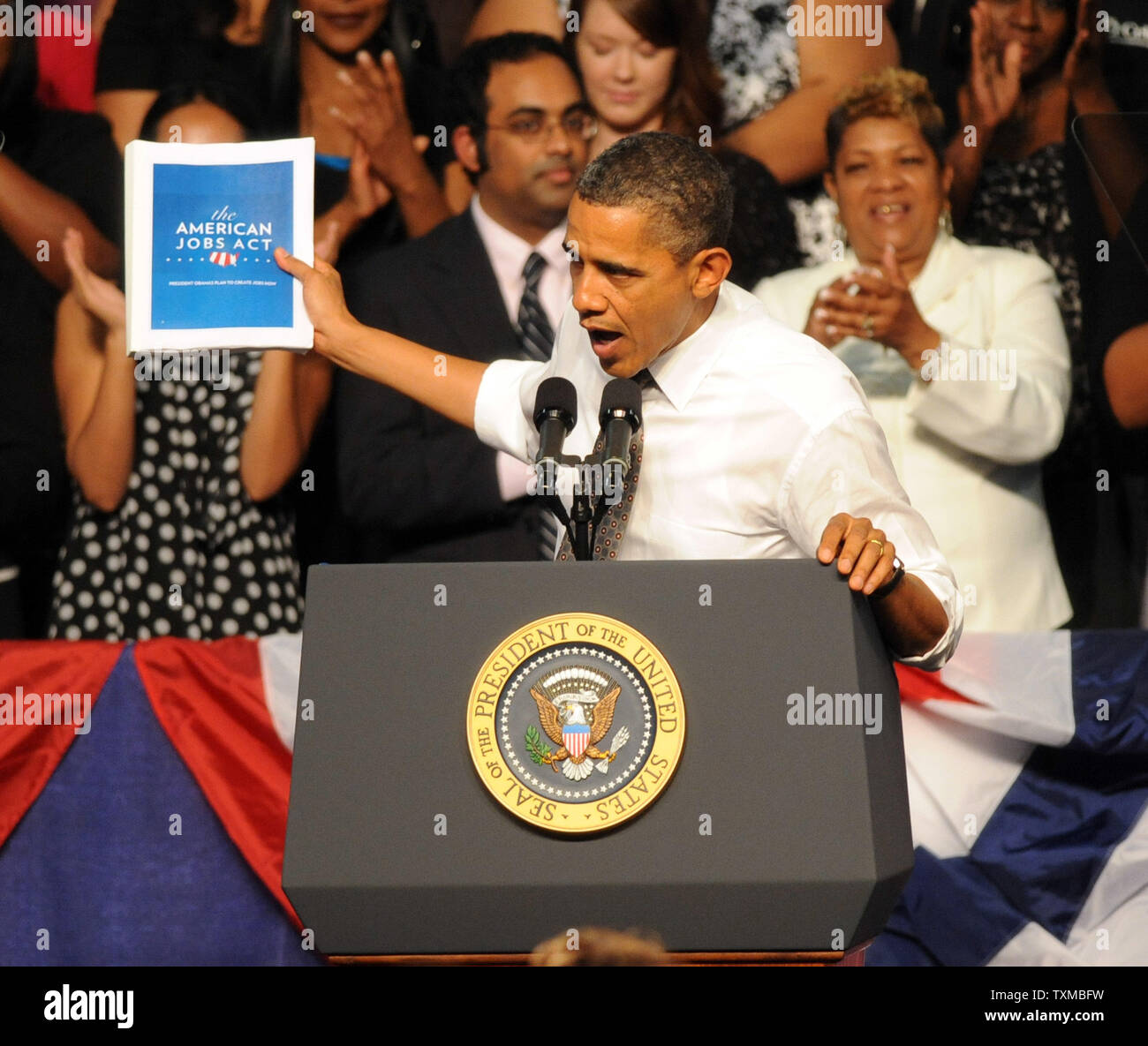 U. S. President Barack Obama talks about his American Jobs Act during a visit to Eastfield College in Mesquite, Texas. The President also attended two Democratic fund raising events while in Dallas. UPI/Ian Halperin Stock Photo