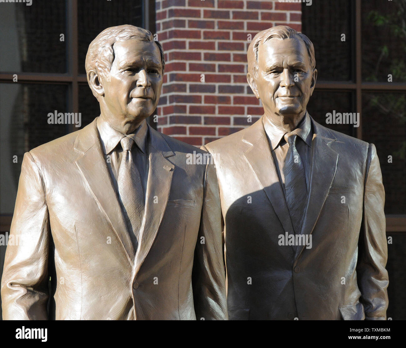 A statue of George W. and George H.W. Bush is one of the features of the George W. Bush Presidential Library which is scheduled to be dedicated April 25, 2013, in Dallas on April 24, 2013.  The museum, located on the campus of SMU in Dallas, features a permanent exhibit that uses artifacts, documents, photographs, and videos from the Library's extensive collection to capture the key decisions and events of the Presidency of George W. Bush.   UPI/Ian Halperin Stock Photo