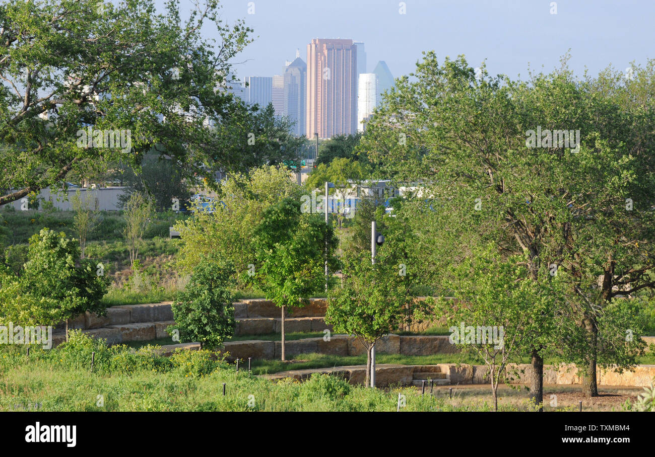 The Dallas skyline is seen from the George W. Bush Presidential Library on April 24, 2014 in Dallas.  The museum, located on the campus of SMU in Dallas, will open to the public on May 1 and will features a permanent exhibit of artifacts, documents, photographs and videos from the Presidency of George W. Bush.   UPI/Ian Halperin Stock Photo