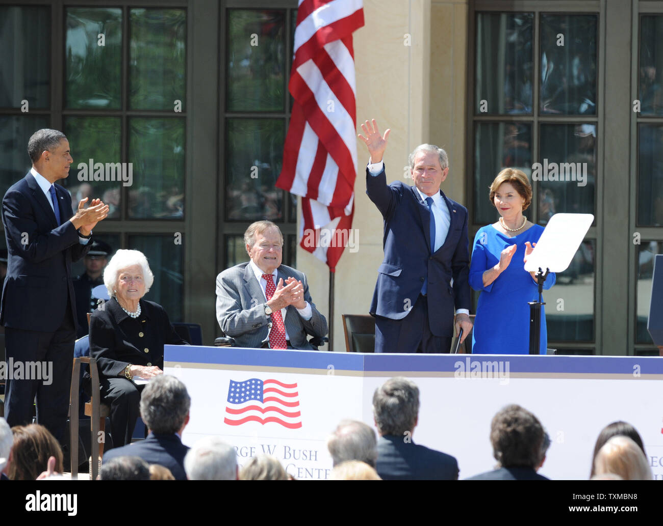 President George W. Bush delivers remarks at the dedication of his Presidential Library in Dallas on April 25, 2013. The museum, located on the campus of SMU in Dallas, features a permanent exhibit that uses artifacts, documents, photographs, and videos from the Library's extensive collection to capture the key decisions and events of the Presidency of George W. Bush.  UPI/Ian Halperin Stock Photo