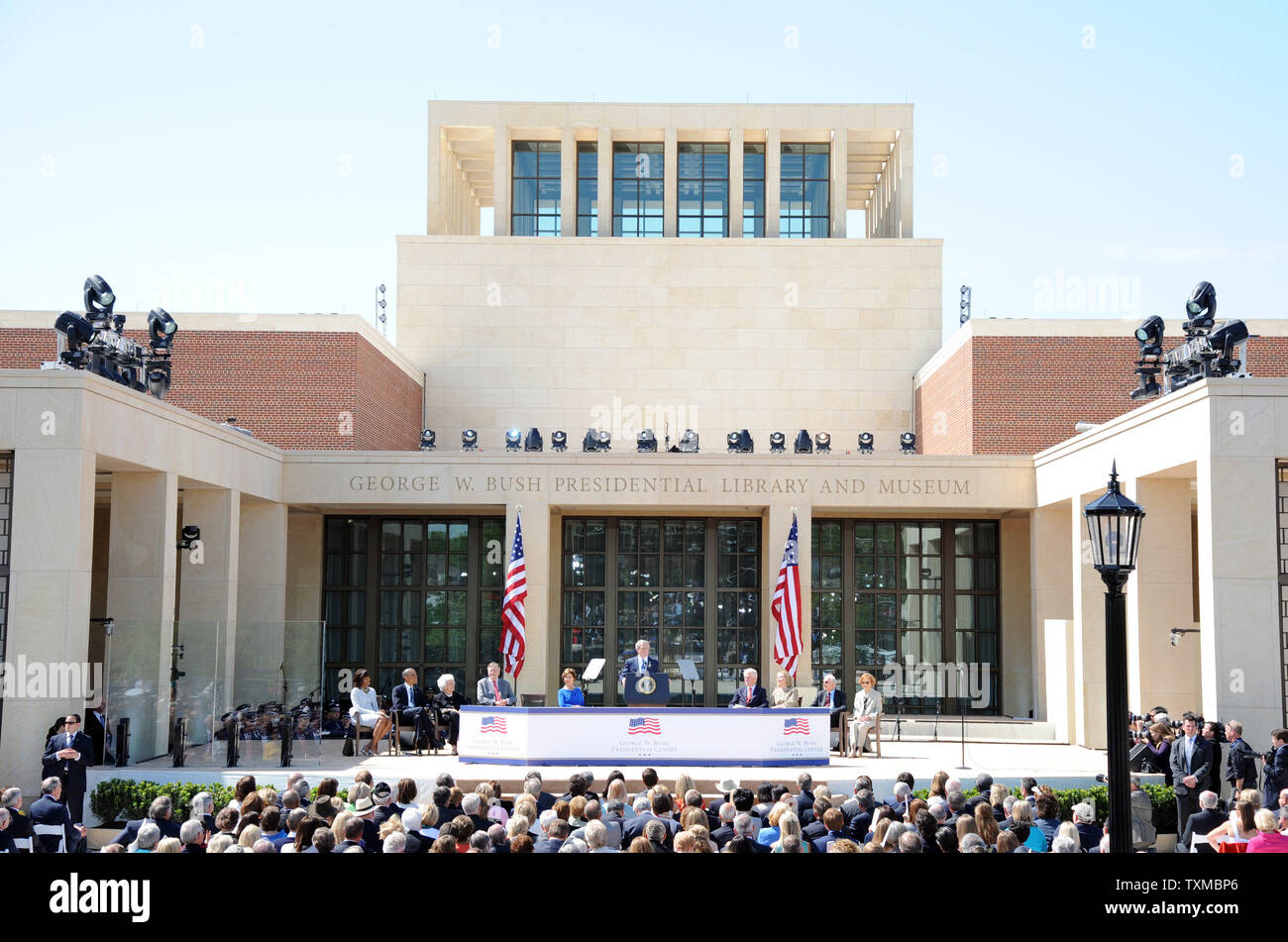 President George W. Bush delivers remarks at the dedication of his Presidential Library in Dallas on April 25, 2013. The museum, located on the campus of SMU in Dallas, features a permanent exhibit that uses artifacts, documents, photographs, and videos from the Library's extensive collection to capture the key decisions and events of the Presidency of George W. Bush.  UPI/Ian Halperin Stock Photo
