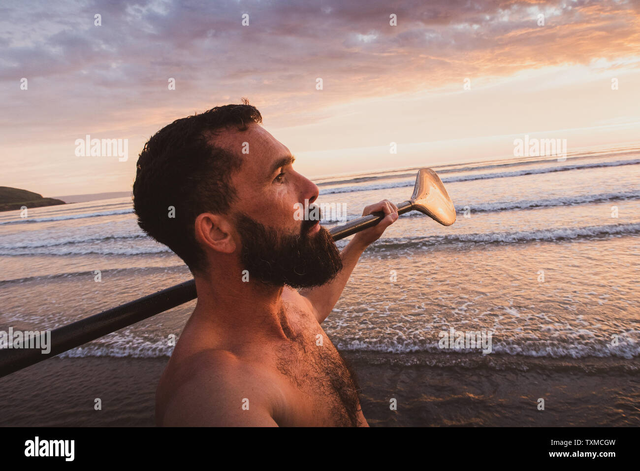 A bearded man walks towards the sea with a Stand Up Paddle board and paddle at sunset on the beach in Devon UK Stock Photo