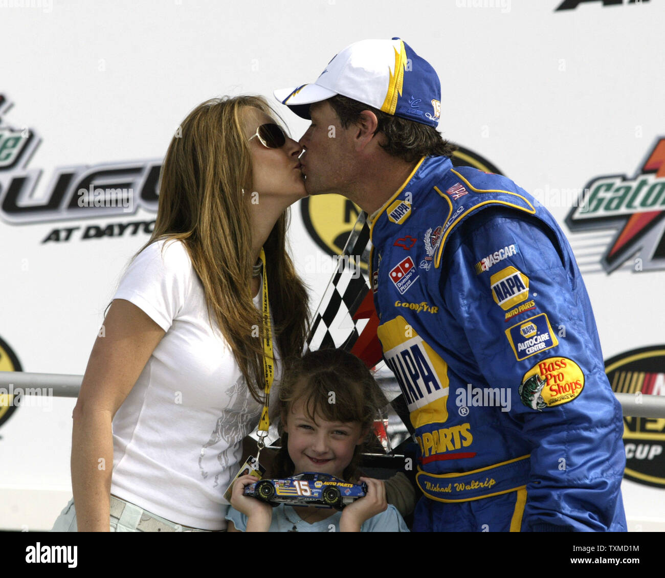 Michael Waltrip celebrates winning the NASCAR Gatorade Duel #1 with his