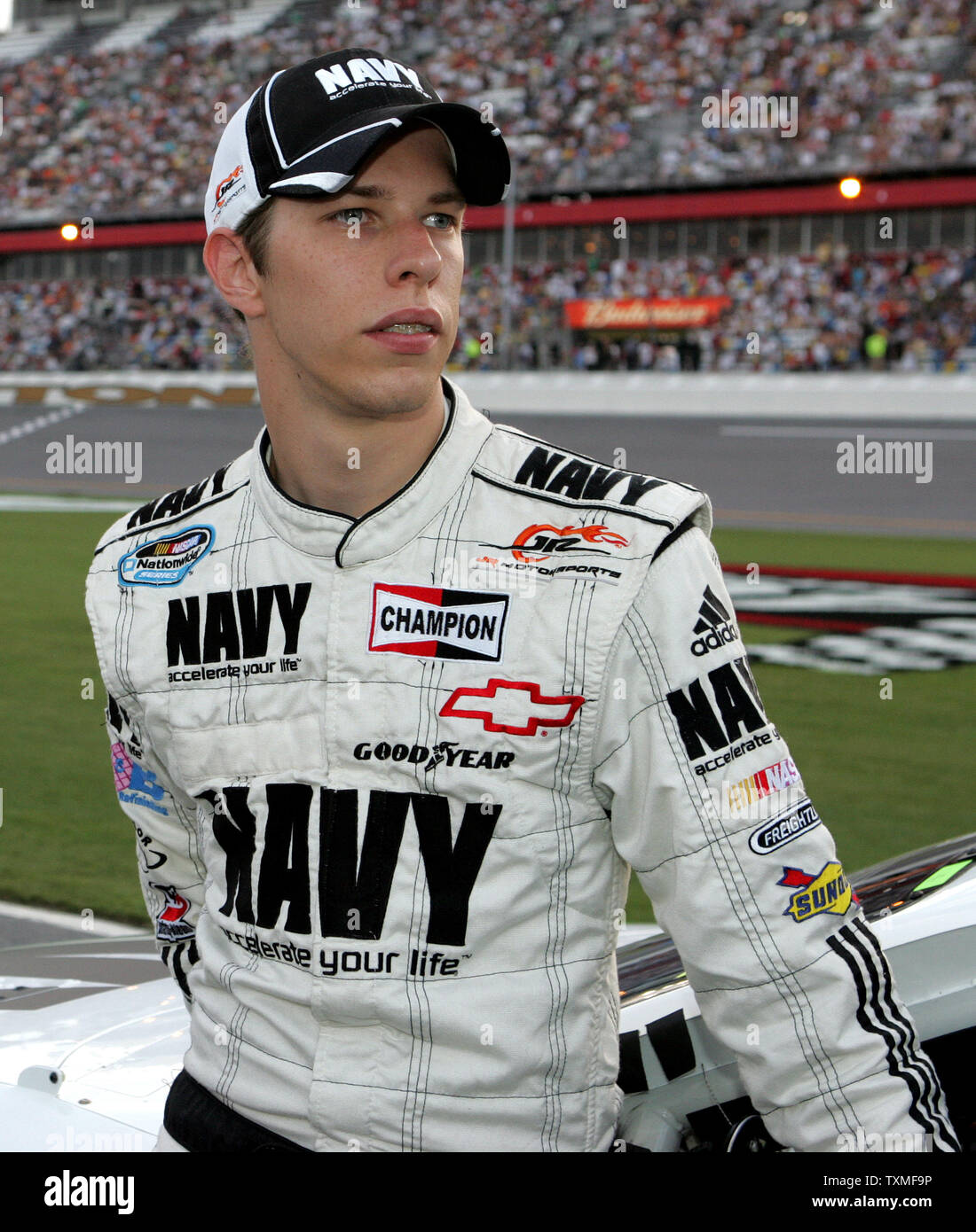 Brad Keselowski waits by his car just prior to the Nationwide series Winn-Dixie 250 at Daytona International Speedway in Daytona Beach, Florida on July 4, 2008. (UPI Photo/Martin Fried) Stock Photo