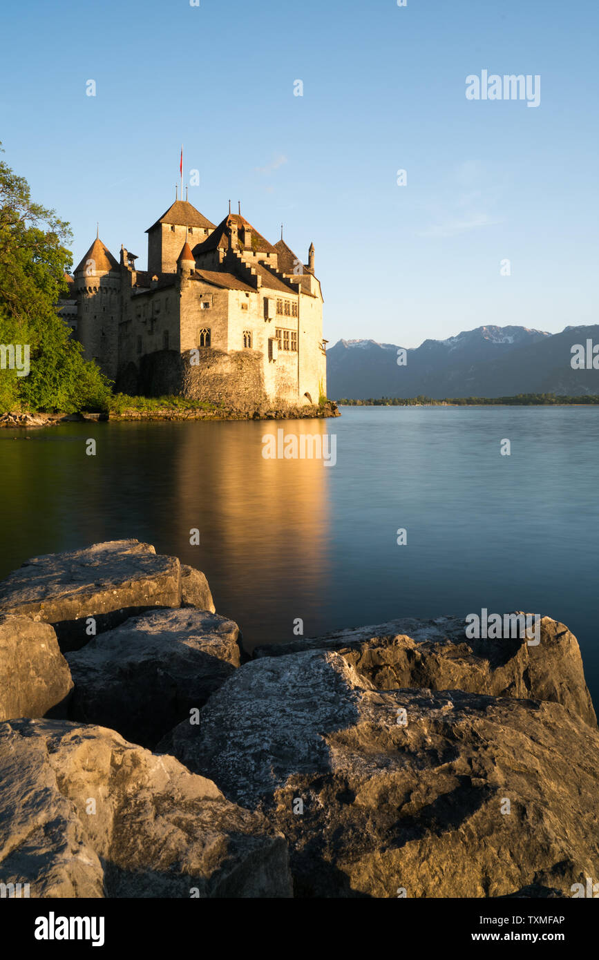 Montreux, VD / Switzerland - 31 May 2019: the historic Chillon Castle on the shores of Lake Geneva Stock Photo