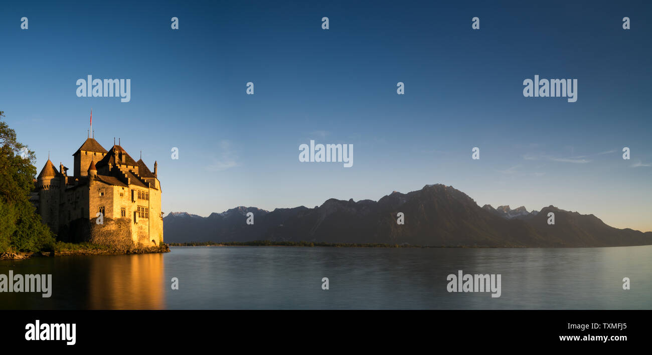 Montreux, VD / Switzerland - 31 May 2019: panorama view of Lake Geneva and the historic Chillon Castle on the lakeshore near Montreux Stock Photo