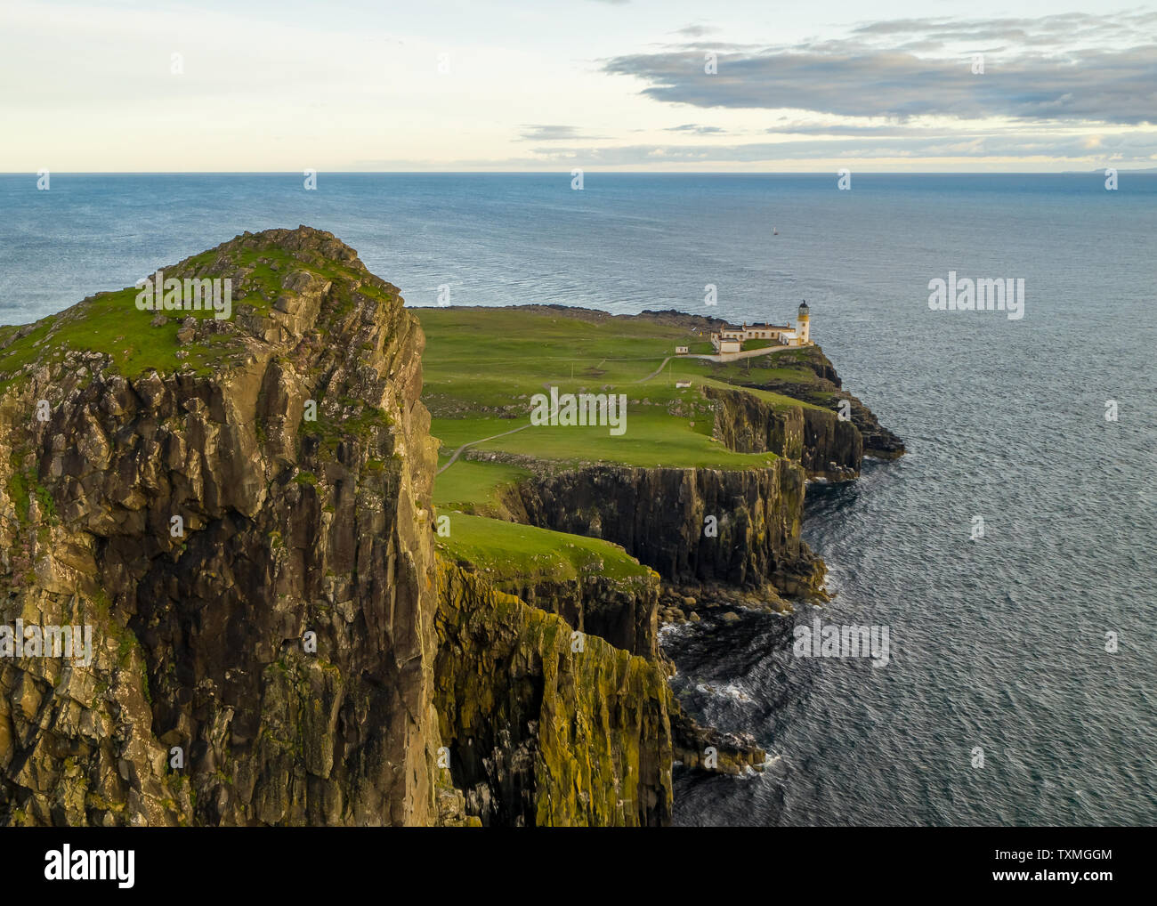 An aerial view of Neist Point Lighthouse on the Isle of Skye Stock Photo