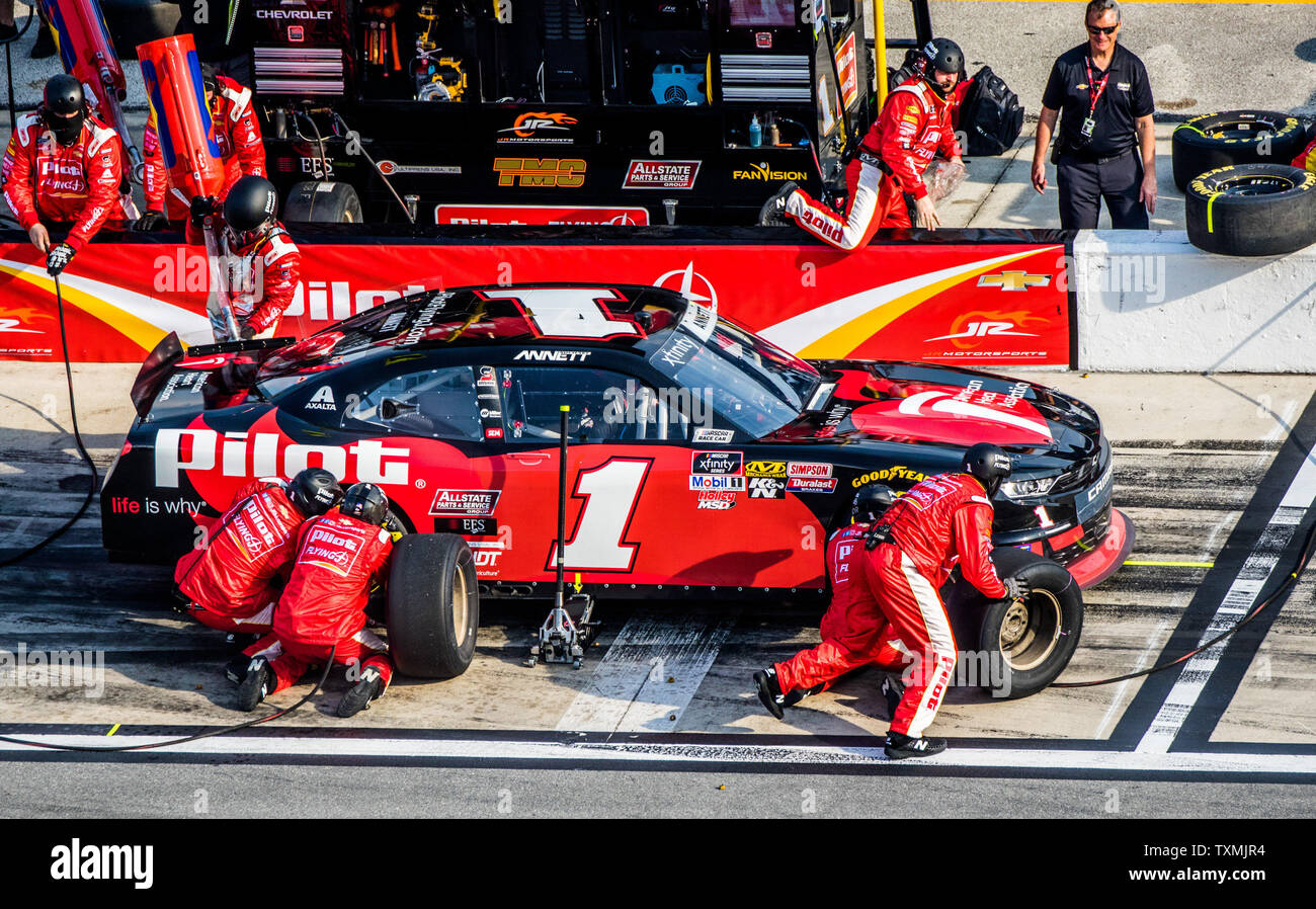 Michael Annett pits on his way to victory in the 2019 NASCAR Racing Experience 300 on February 16, 2019 in Daytona, Florida. Photo by Edwin Locke/UPI Stock Photo