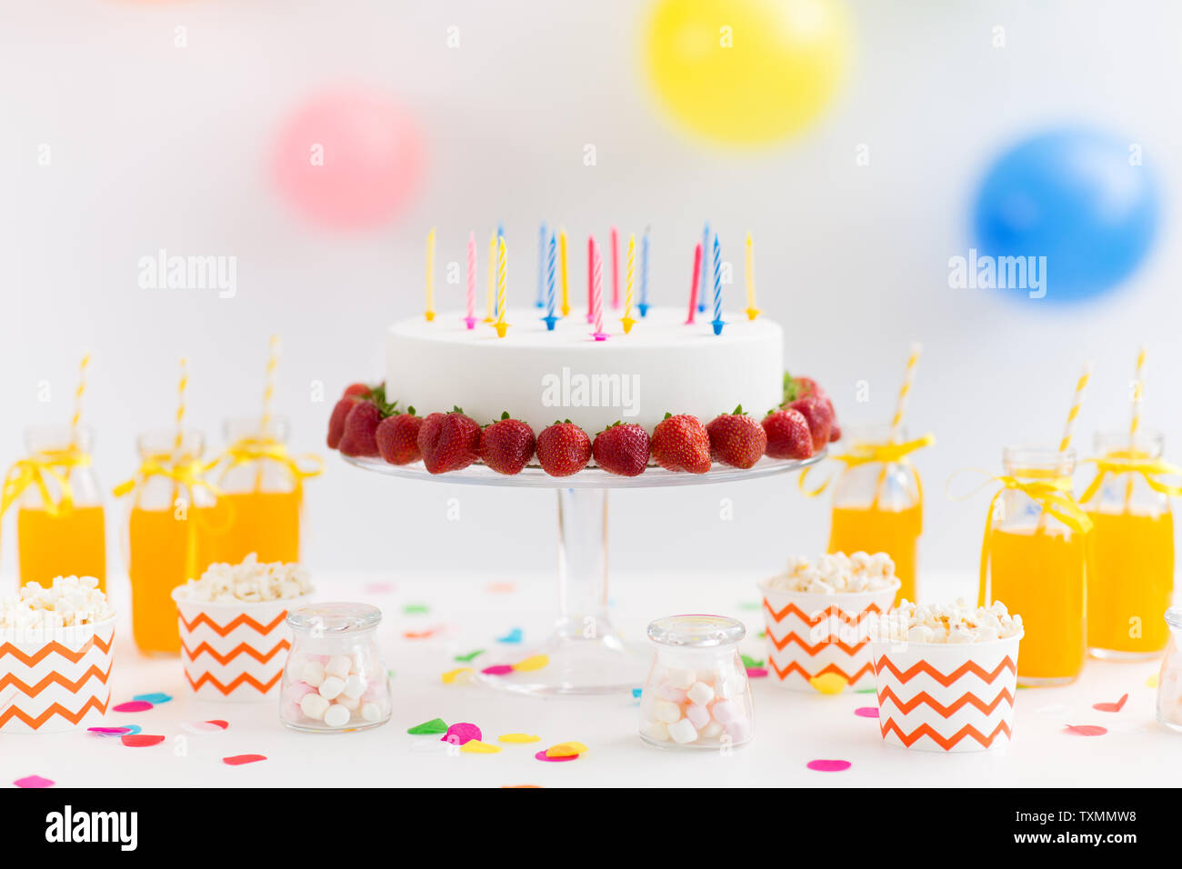 birthday cake, juice, popcorn and marshmallow Stock Photo Alamy