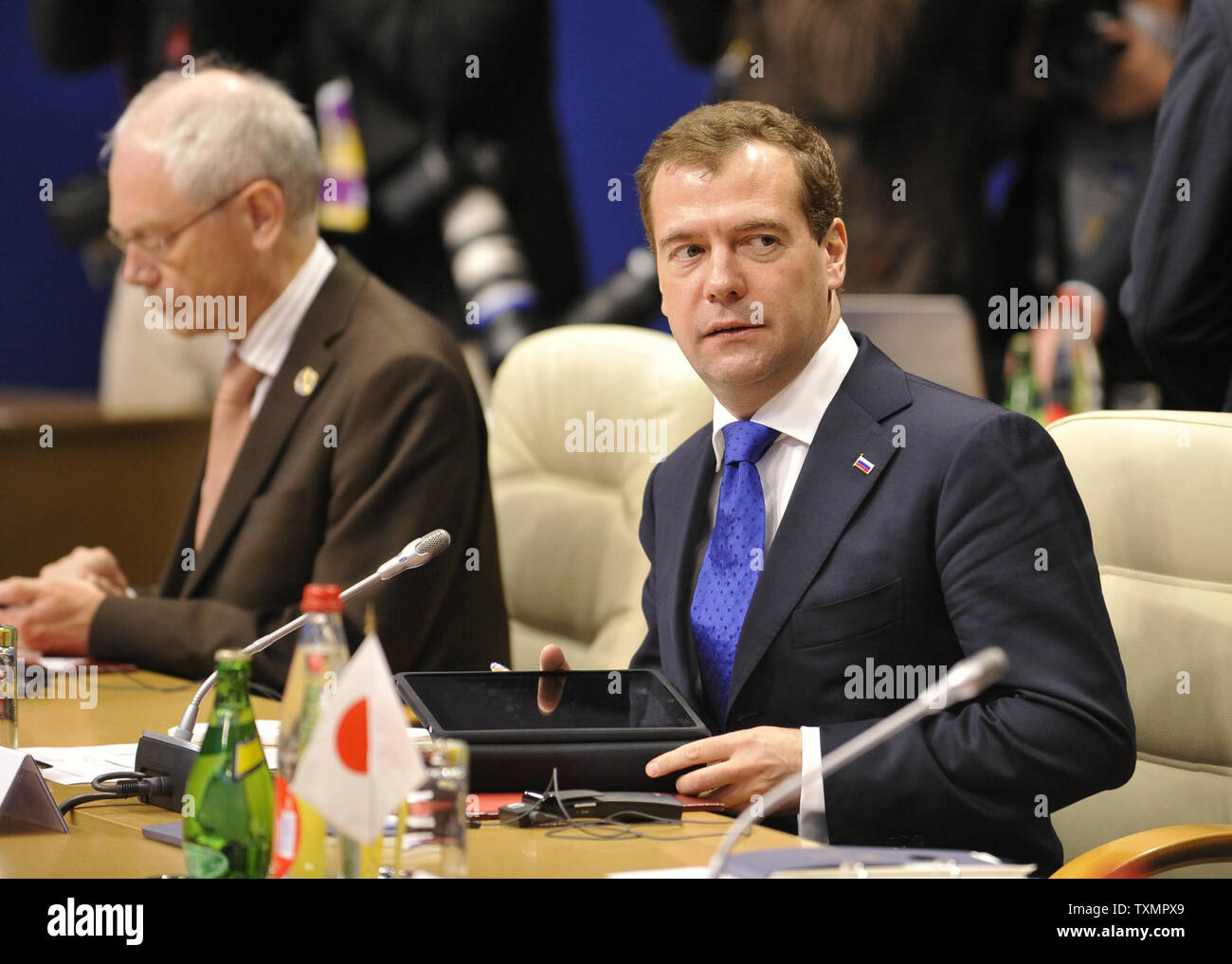 Russian President Dmitry Medvedev attends a round table meeting at the G8 Summit in Deauville, France, May 26, 2011.    UPI Stock Photo