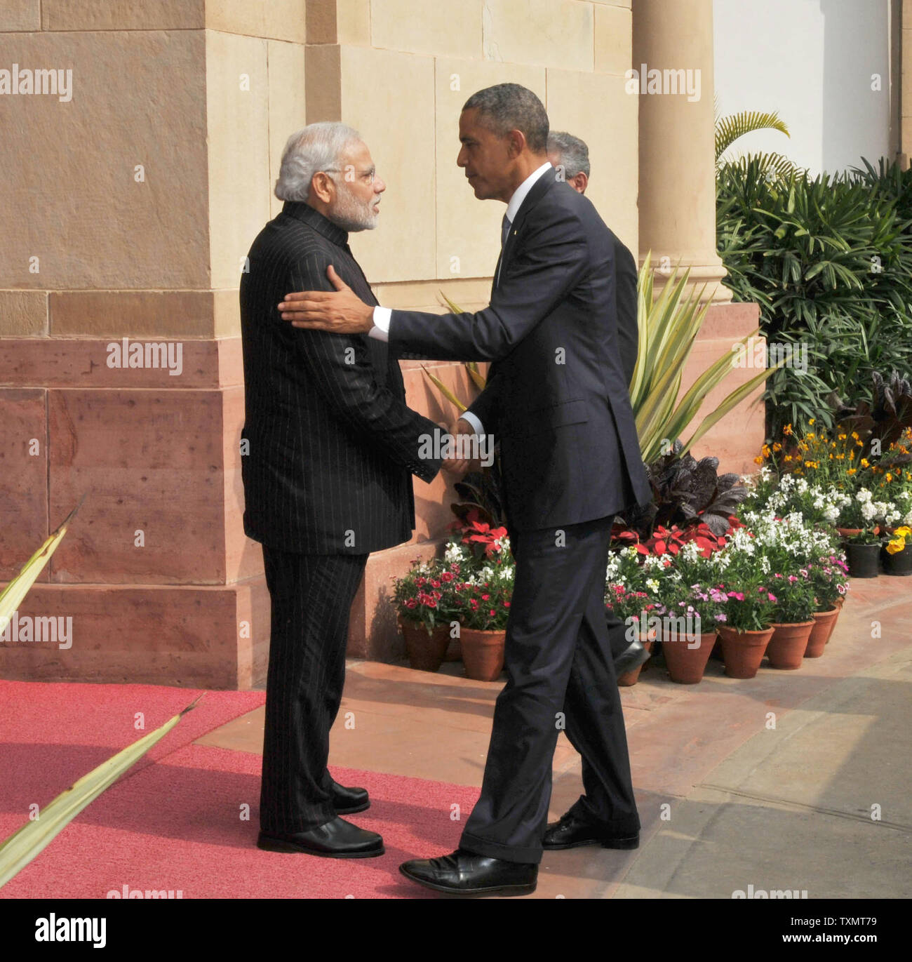 Prime Minister Shri Narendra Modi receives US President  Barack Obama at Hyderabad House in New Delhi, India on January 25, 2015. President Obama is on a three day visit and will be the guest of honor at at India's Republic Day celebrations.    UPI Stock Photo