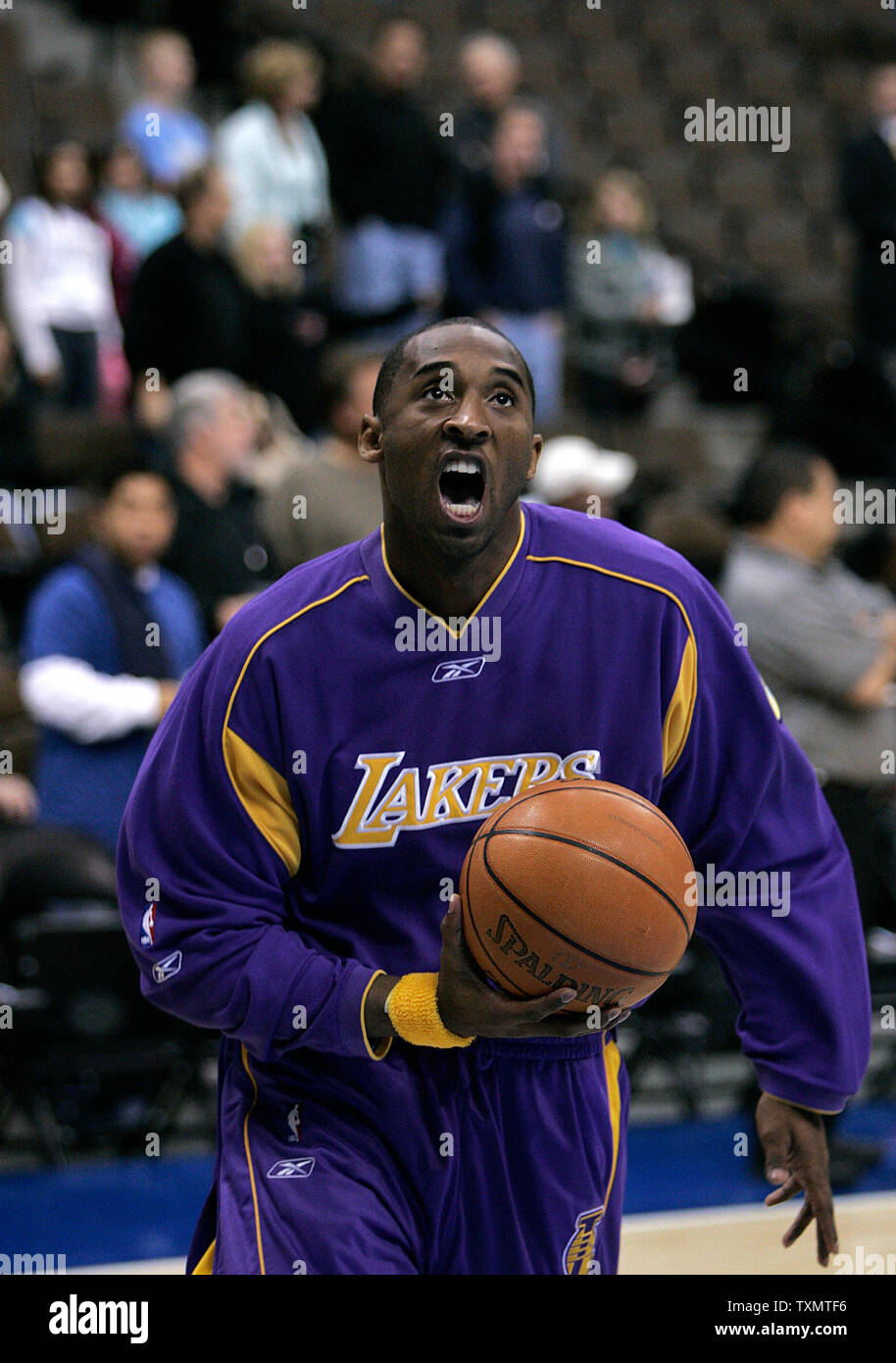 Los Angeles Lakers Kobe Bryant eyes a layup during pre-game warmups prior to season opener against the Denver Nuggets at the Pepsi Center in Denver November 2, 2005.   (UPI Photo/Gary C. Caskey) Stock Photo
