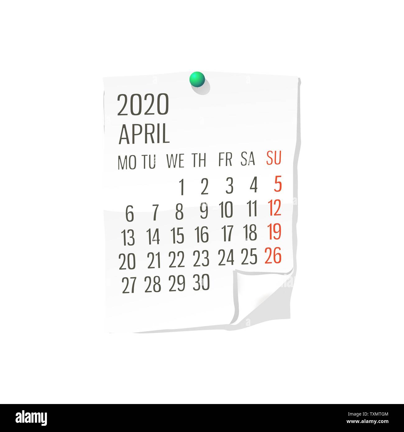 Vector calendar for april 2020 on white paper with holding pin over