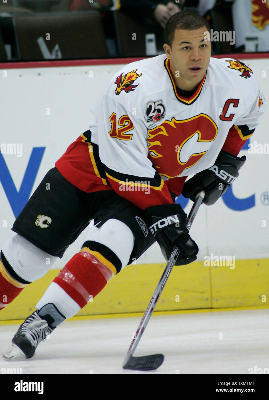Calgary Flames captain Jarome Iginla skates during warm ups at the Pepsi  Center in Denver on December 13, 2009. Calgary and Colorado face off in a  battle for first place in the