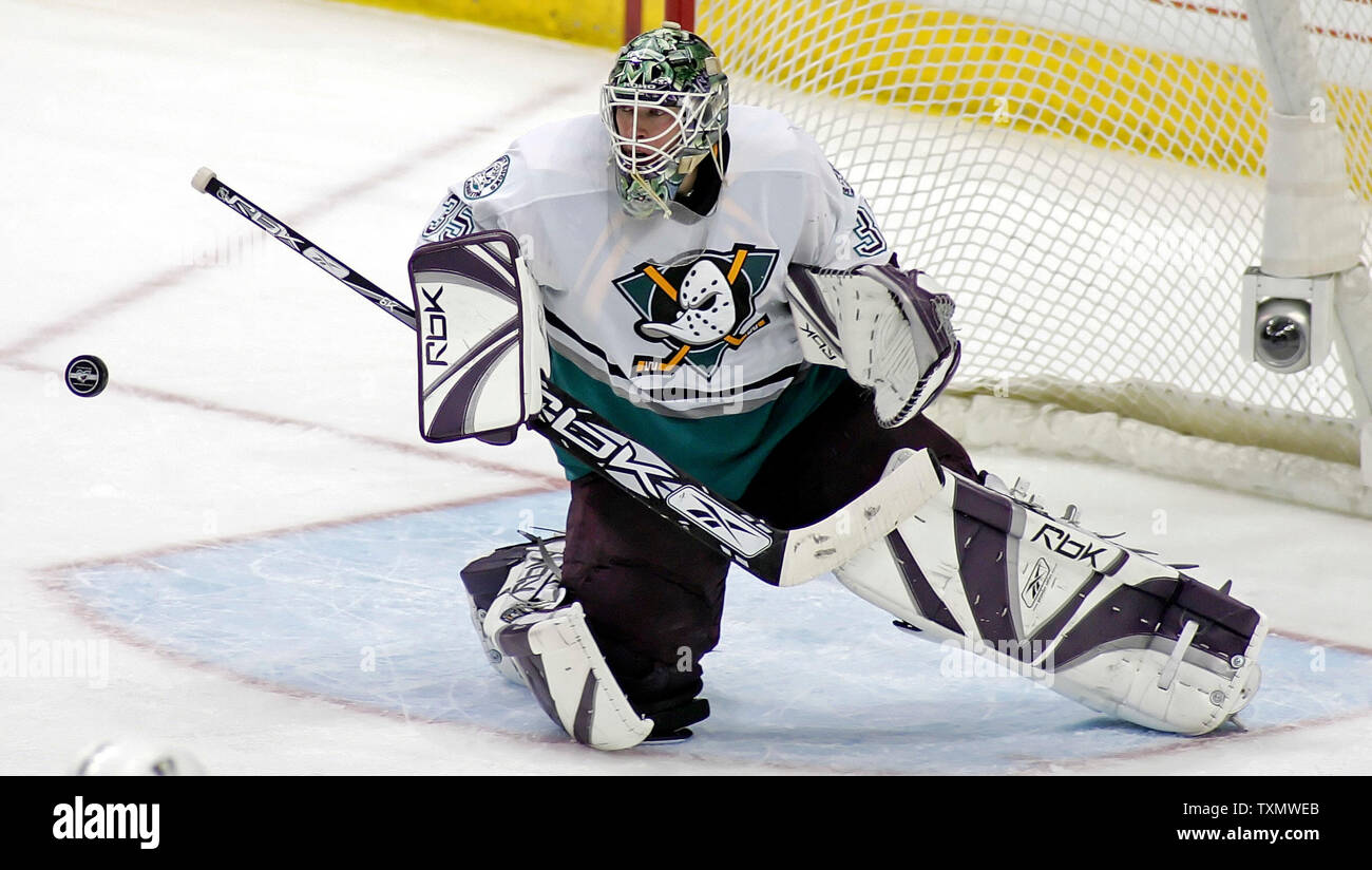 Mighty Ducks of Anaheim goalie Jean-Sebastien Giguere makes a save against  the Colorado Avalanche at the Pepsi Center in Denver March 28, 2006. Giguere  and the Ducks lost to the Avalanche 4-3. (