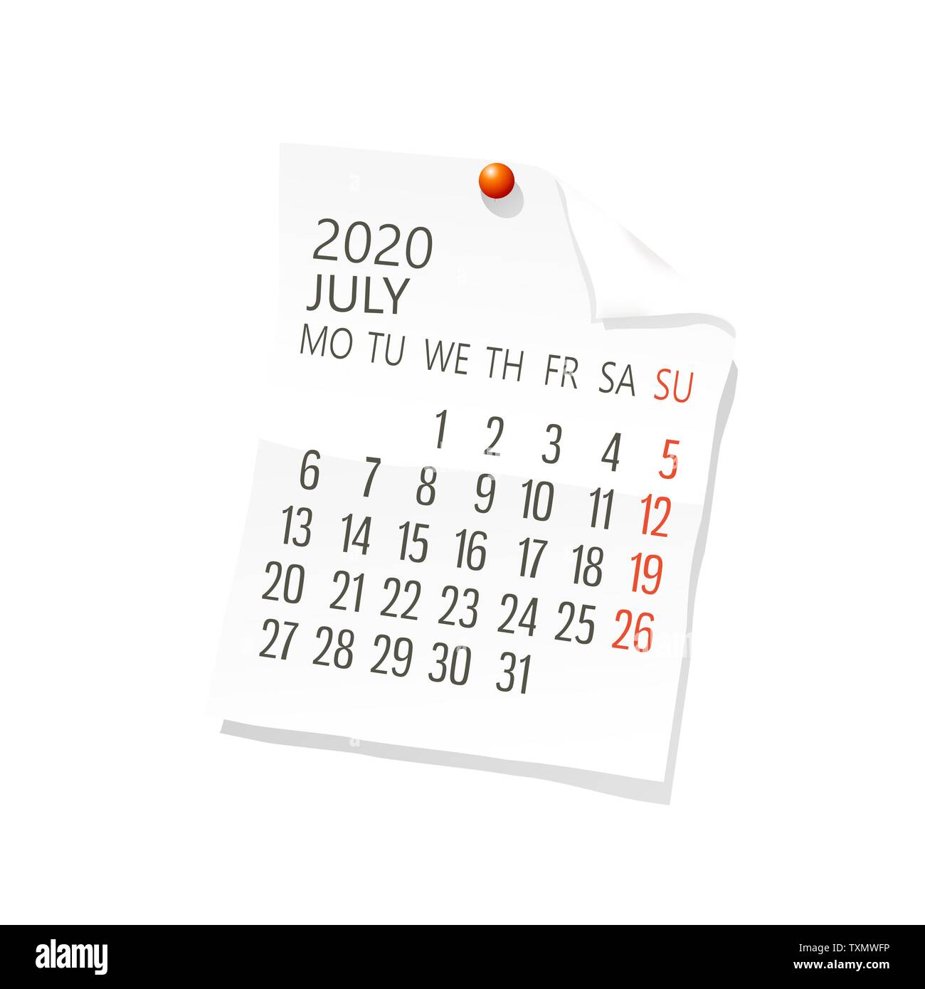Vector calendar for July,2020 on white paper with holding pin over