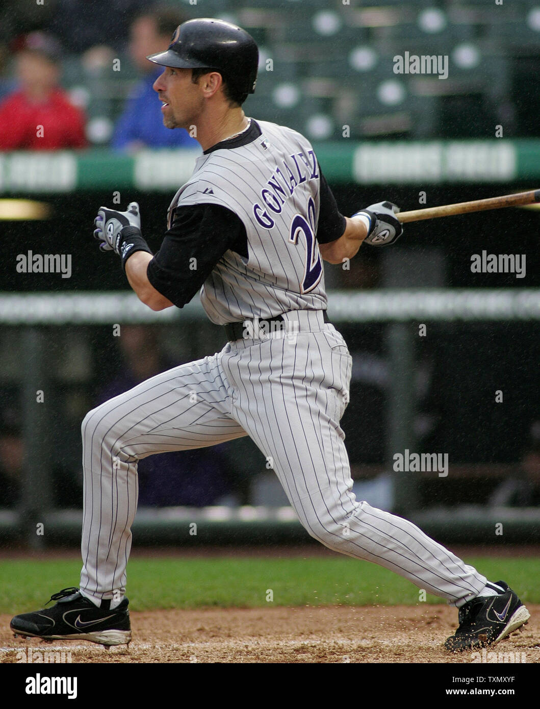 Arizona Diamondbacks batter Luis Gonzalez watches his solo homerun against  the Colorado Rockies in the second innng at Coors Field in Denver July 9,  2006. Arizona beat Colorado 8-5 sweeping the three-game