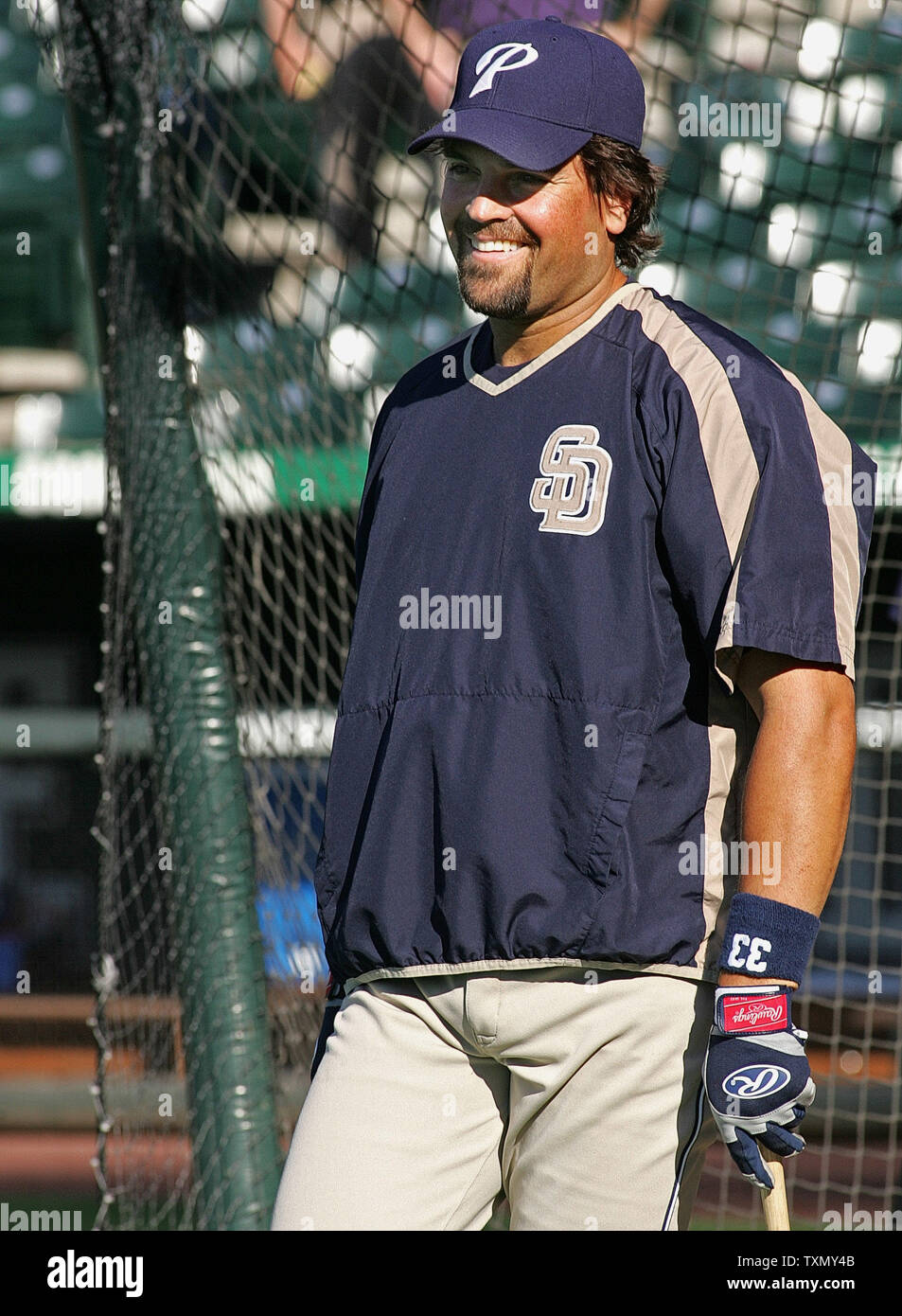 San Diego Padres catcher Mike Piazza awaits his turn in the batting cage  prior to game