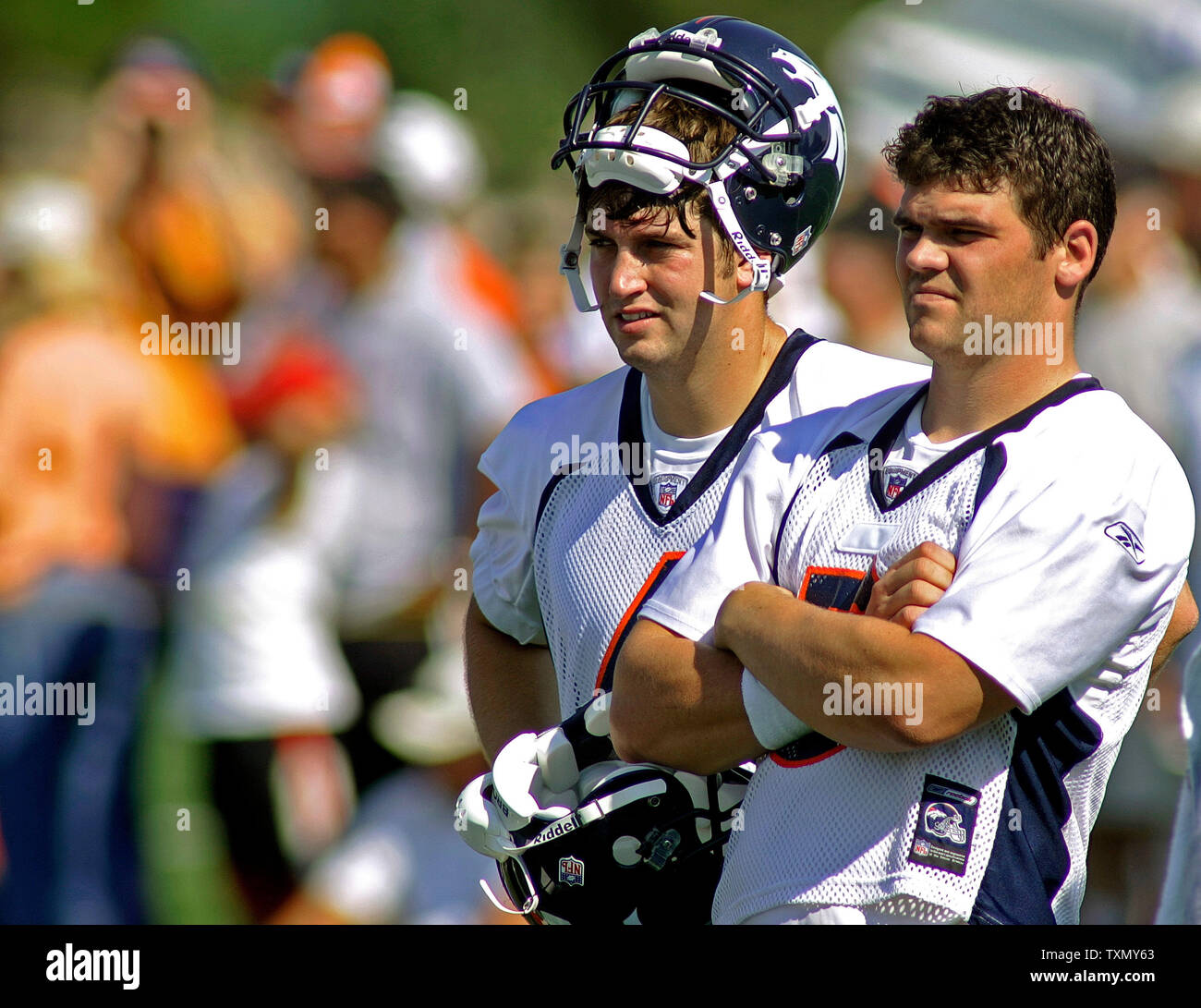 Reserve quarterbacks Jay Cutler (L) and Preston Parsons (R) await their