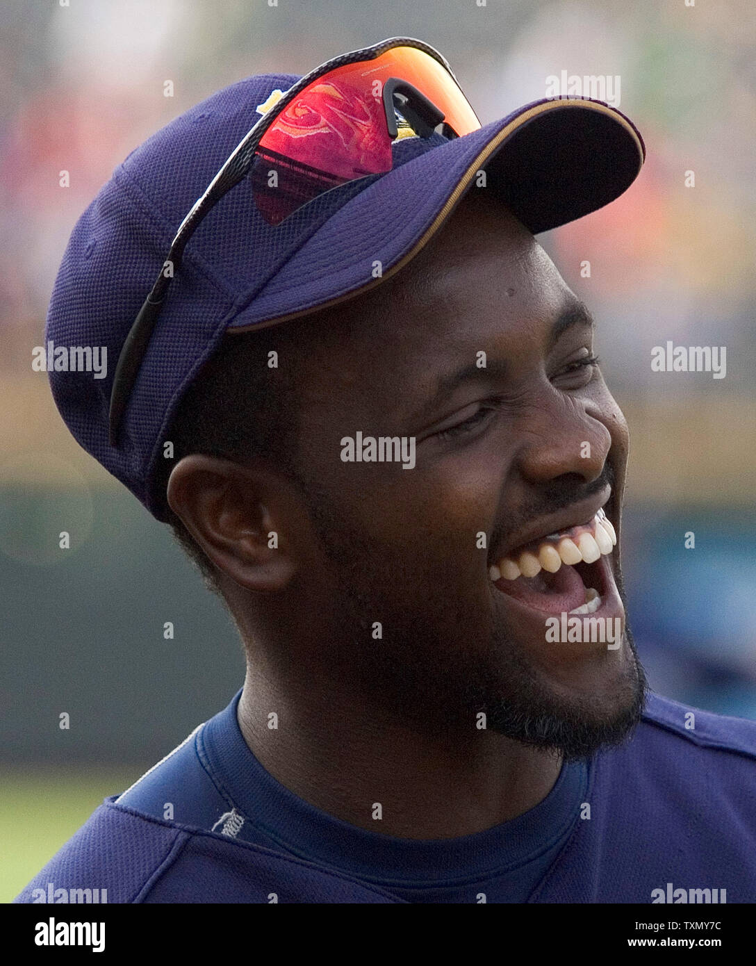 Milwaukee Brewers Tony Gwynn, son of San Diego Padres great Tony Gwynn, laughs with teammates prior to start of game against the Colorado Rockies at Coors Field in Denver, Colorado July 31, 2006.    (UPI Photo/Gary C. Caskey) Stock Photo