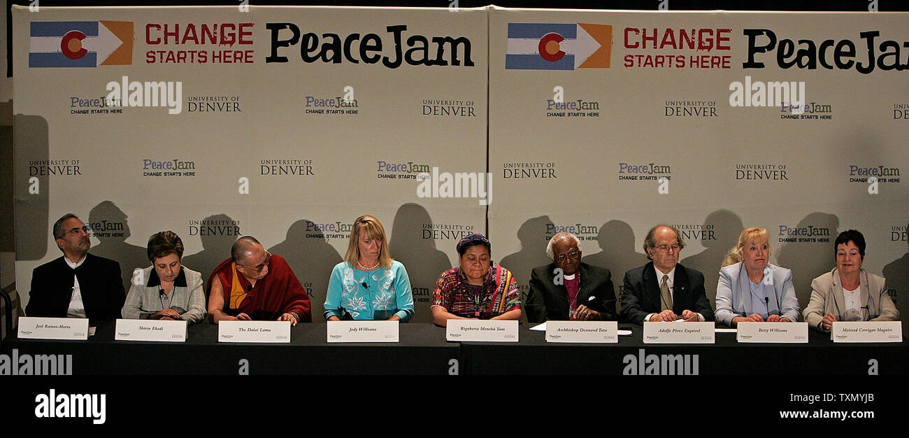 Nine Nobel Peace Prize Laureates (L-R) Prime Minister Jose Ramos-Horta of East Timor, Shirin Ebadi of Iran, The Dalai Lama of Tibet, Jody Williams of the USA, Rigoberta Menchu Tum of Guatemala, Bishop Desmond Tutu of South Africa, Aldolpho Perez Esquivel of Argentina, Betty Williams of Ireland, and Mairead Corrigan Maguire of Ireland appear during a press conference to begin the tenth anniversary of PeaceJam at the University of Denver September 15, 2006 in Denver. The event will host ten Nobel Peace Prize Laureates in the largest gathering of Laureates outside of Oslo, Norway.    (UPI Photo/G Stock Photo