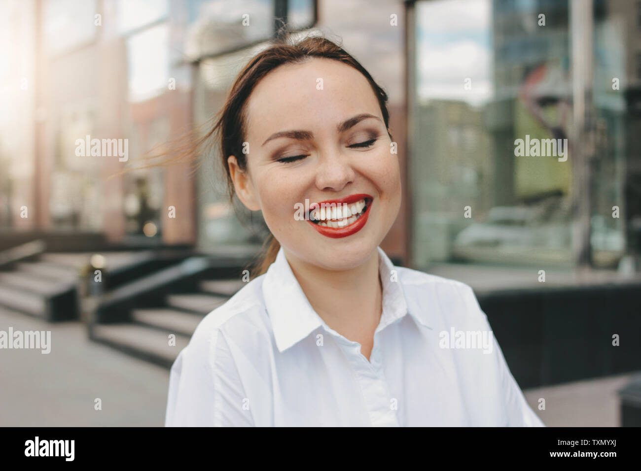Close Up Portrait Of Happy Brunette Elegant Woman Business Lady In White Shirt At The City