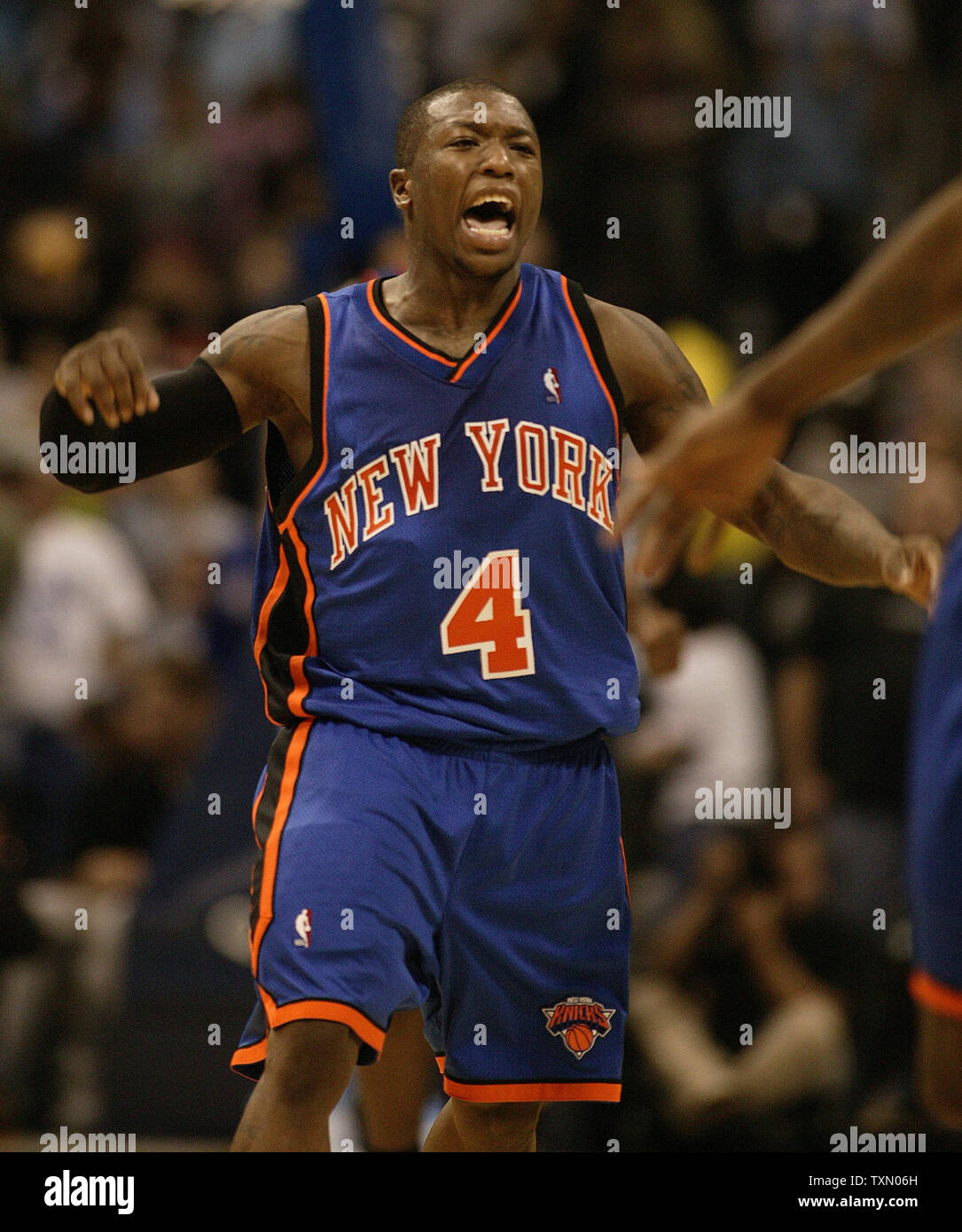 New York Knicks guard Nate Robinson celebrates teammate Jamal Crawford's  three-point shot in the closing seconds against the Denver Nuggets in the  second half at the Pepsi Center in Denver November 8,