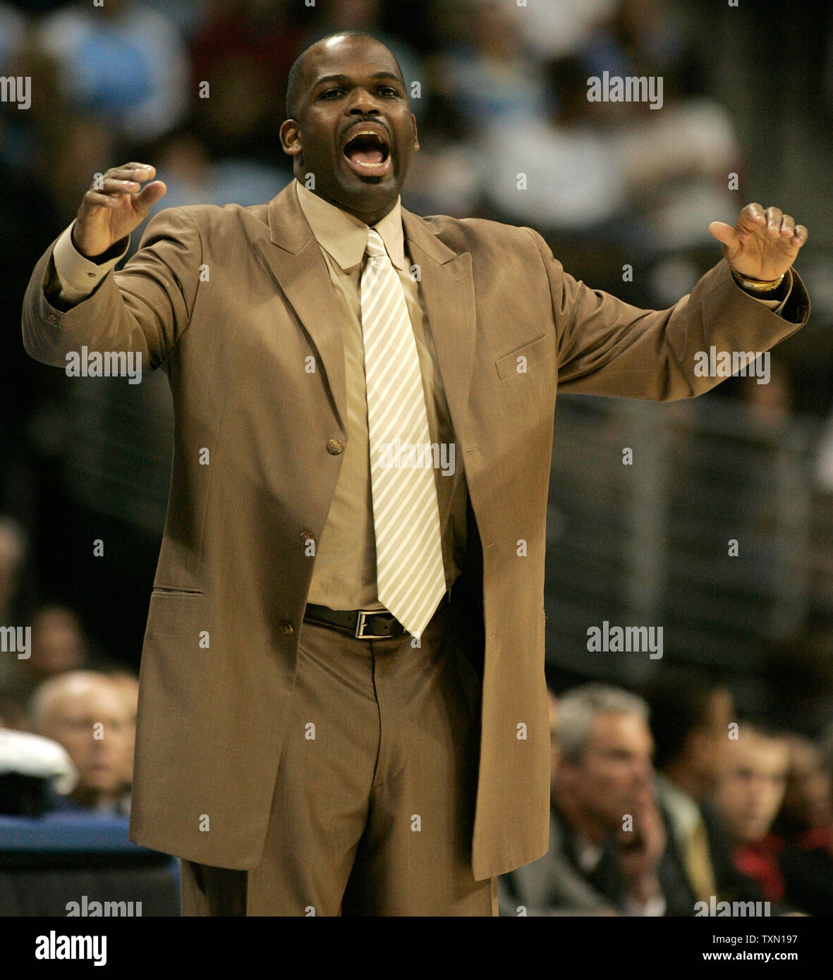 Portland Trail Blazers head coach Nate McMilllan reacts against the Denver Nuggets during the second half at the Pepsi Center in Denver on March 13, 2007.   Denver beat Portland 107-99.   (UPI Photo/Gary C. Caskey) Stock Photo