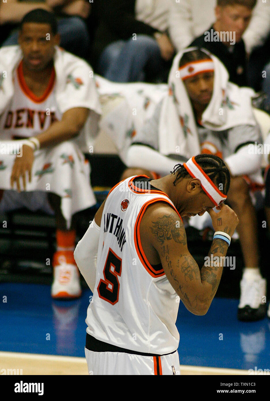 Denver Nuggets Allen Iverson reacts to a a turnover in the second