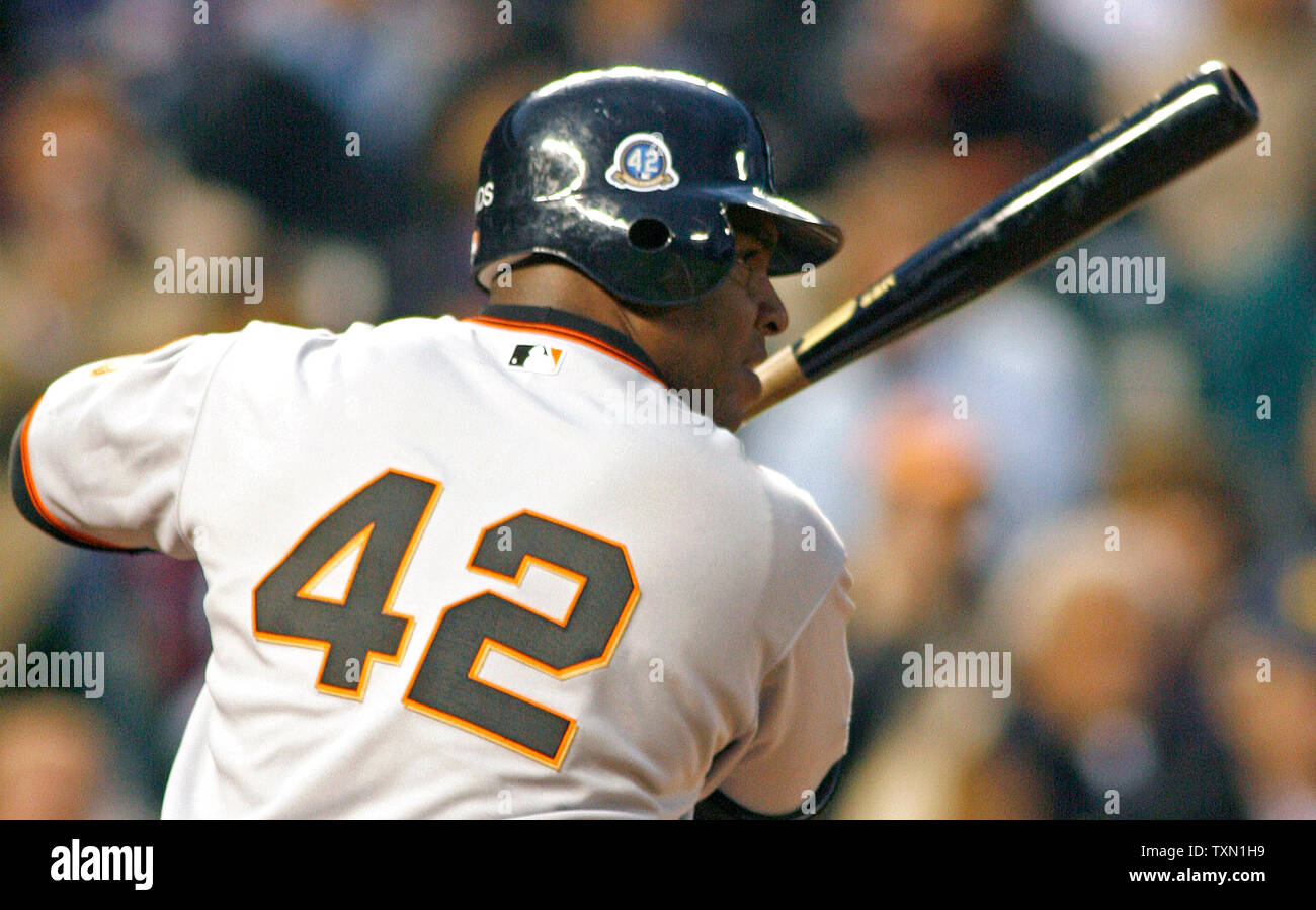 San Francisco Giants batter Barry Bonds wears the number 42 to honor the great Jackie Robinson during a game against the Colorado Rockies at Coors Field in Denver April 16, 2007.  The Giants were postponed in Pittsburgh for the celebration of Jackie Robinson and wore the number 42 a day late.    (UPI Photo/Gary C. Caskey) Stock Photo
