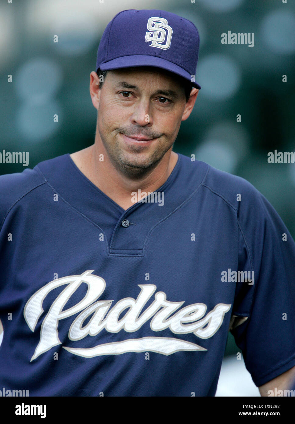 San Diego Padres pitcher Greg Maddux watches warmups prior to game at Coors Field in Denver on July 24, 2007.    (UPI Photo by Gary C. Caskey) Stock Photo