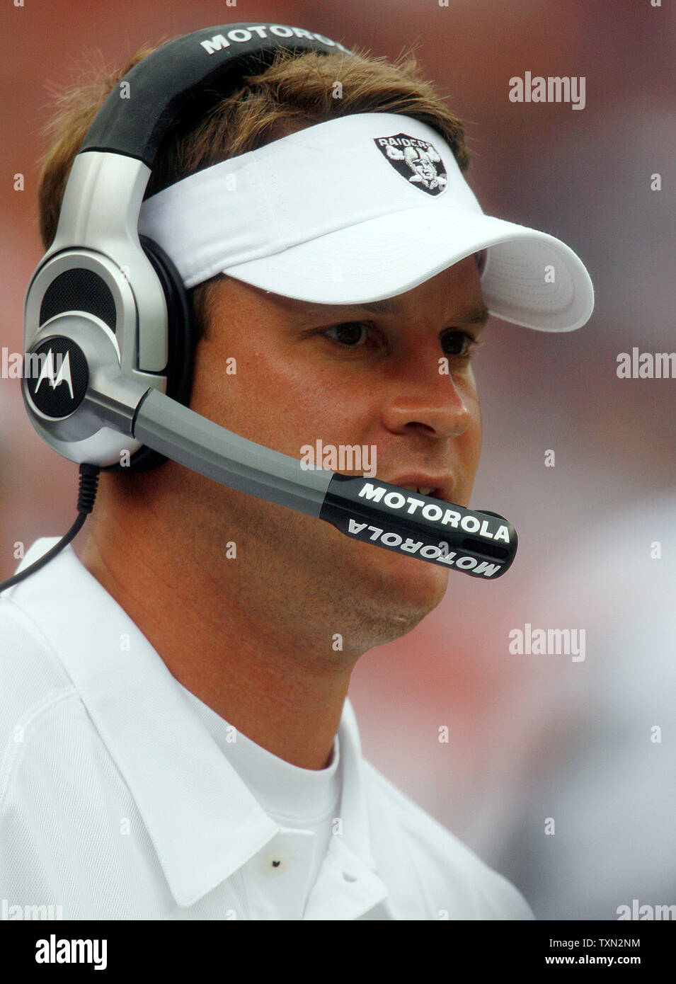 Oakland Raiders rookie head coach Lane Kiffin watches play against the Denver Broncos at Invesco Field at Mile High in Denver on September 16, 2007.   Denver beat Oakland 23-20 in overtime.  (UPI Photo/Gary C. Caskey) Stock Photo
