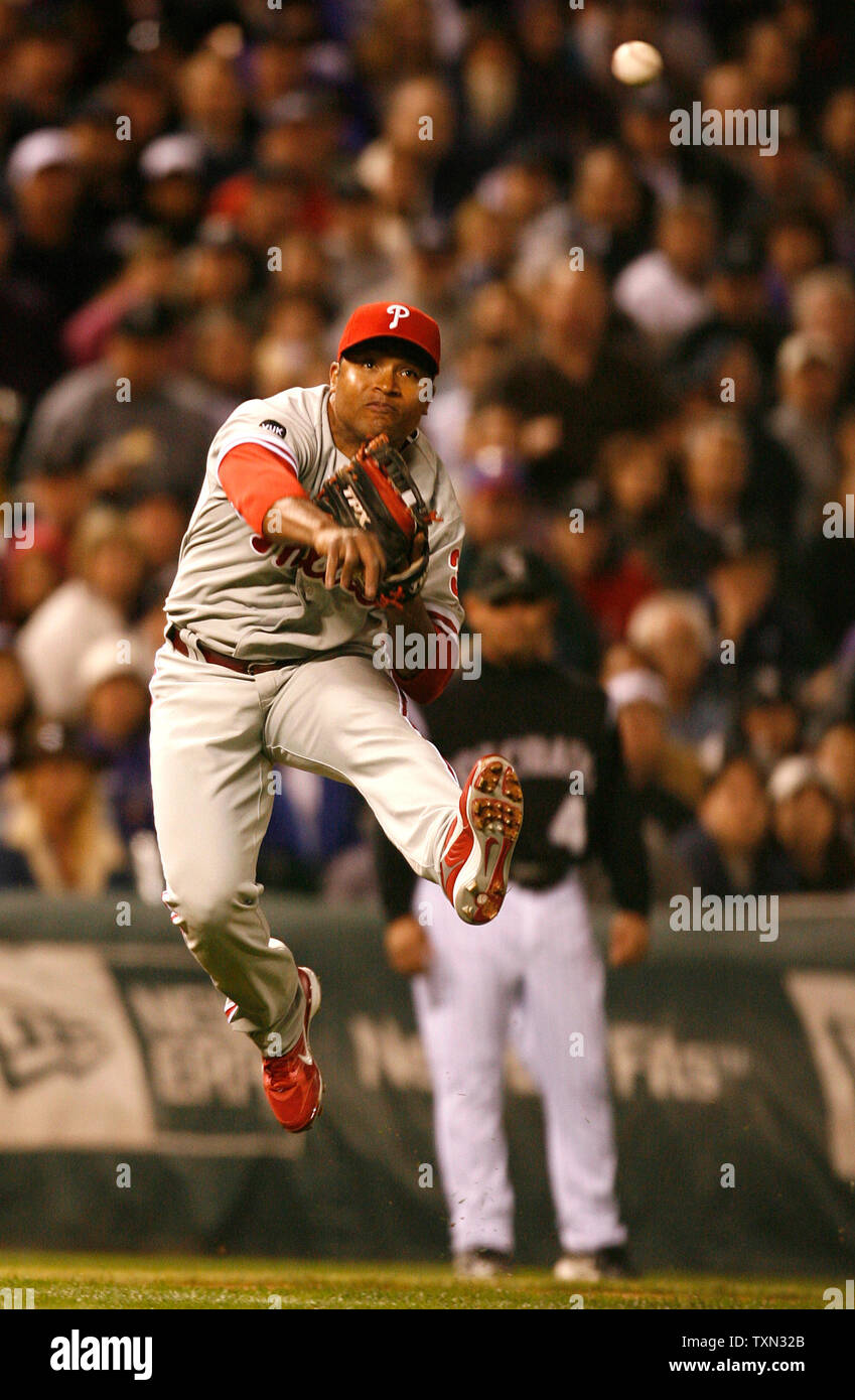 Philadelphia Phillies third baseman Abraham Nunez of the Dominican Republic  makes a play against the Colorado Rockies during the National League  Division Series game three in Denver on October 6, 2007. Colorado