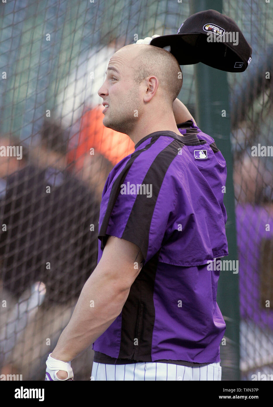 Colorado Rockies left fielder Matt Holliday waits for batting practice at  the World Series game three at Coors Field in Denver on October 27, 2007.  (UPI Photo/Gary C. Caskey Stock Photo - Alamy