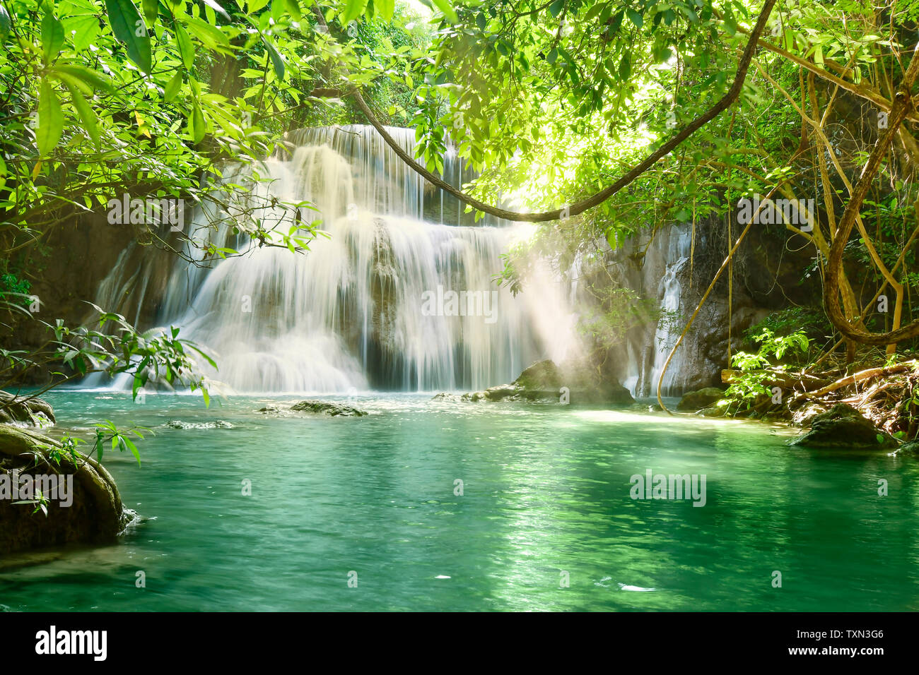 Beautiful scenic of the waterfall and green leaves for refreshing and relaxing background of Huaymaekamin Waterfall in Kanchanaburi, Thailand. Stock Photo