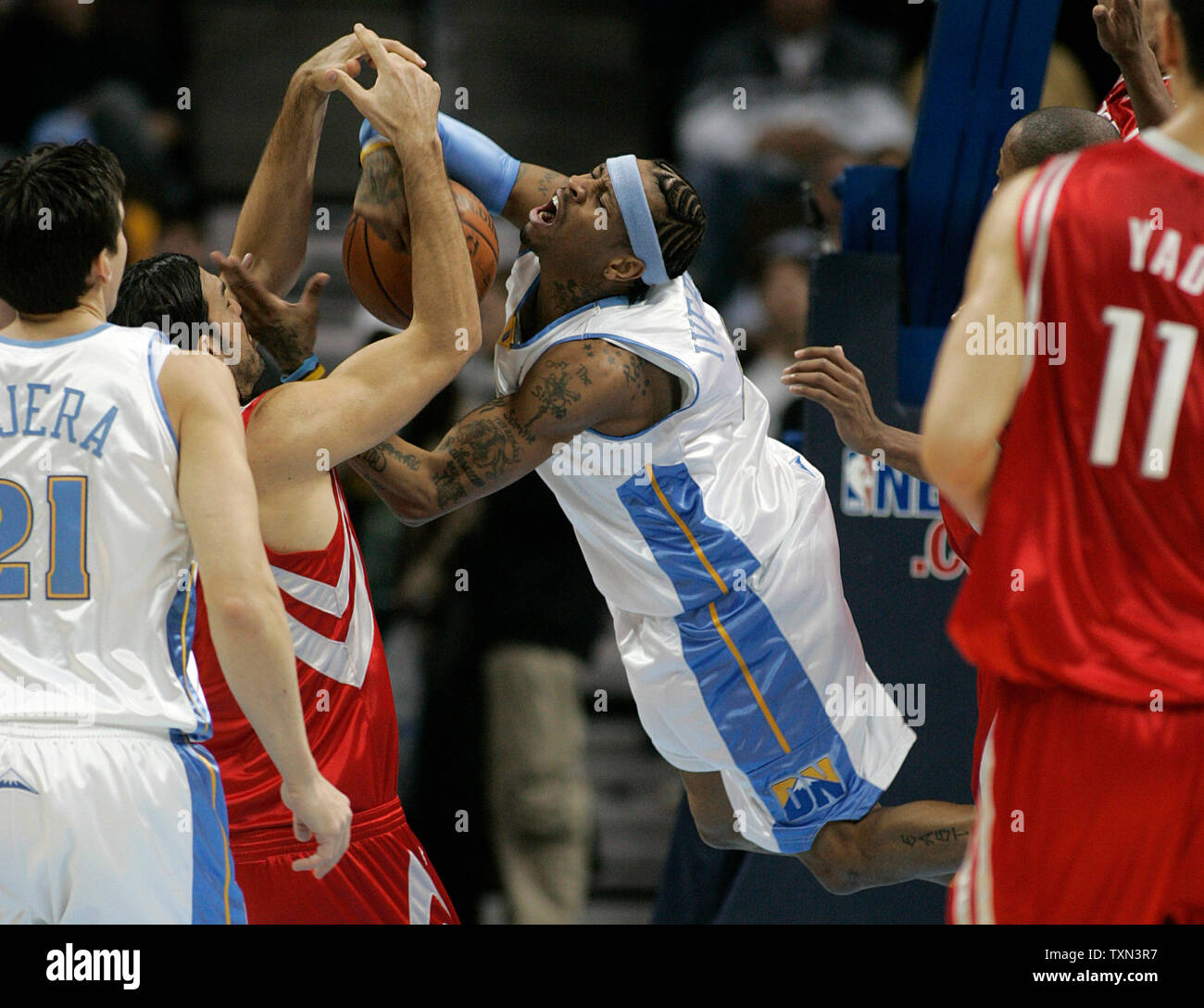 Houston Rockets' Luis Scola (4), of Argentina, celebrates a shot