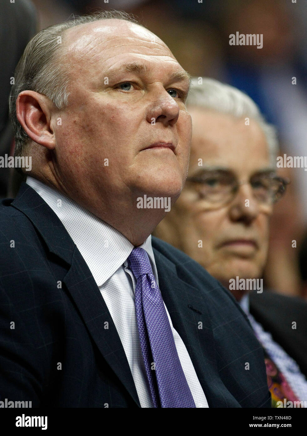 Denver Nuggets head coach George Karl (L) and assistant coach Doug Moe  watch the Utah Jazz take the early lead in the first half at the Pepsi  Center in Denver on February