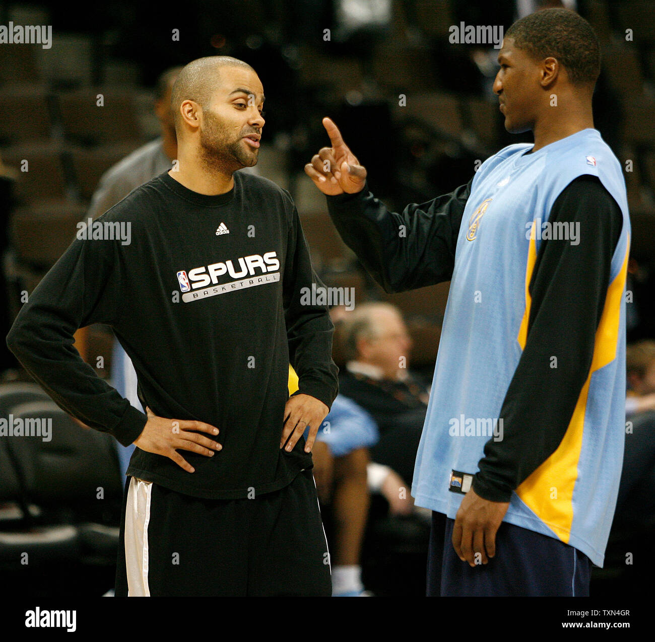 San Antonio Spurs Guard Tony Parker L And Denver Nuggets Forward Yakhouba Diawara Chat During Warm Ups At The Pepsi Center In Denver On March 7 08 Both Players Are From France