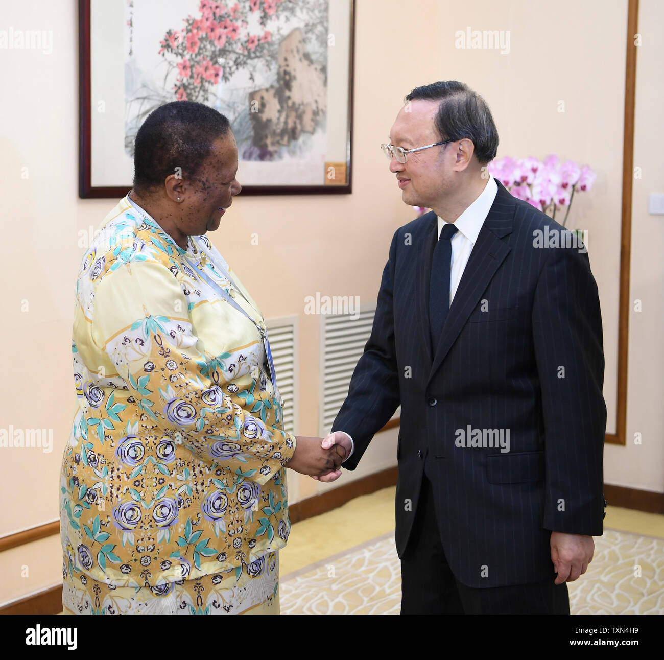 Beijing, China. 25th June, 2019. Yang Jiechi, a member of the Political Bureau of the Central Committee of the Communist Party of China (CPC) and director of the Office of the Foreign Affairs Commission of the CPC Central Committee, meets with South African Foreign Minister Naledi Pandor in Beijing, capital of China, June 25, 2019. Credit: Zhang Ling/Xinhua/Alamy Live News Stock Photo
