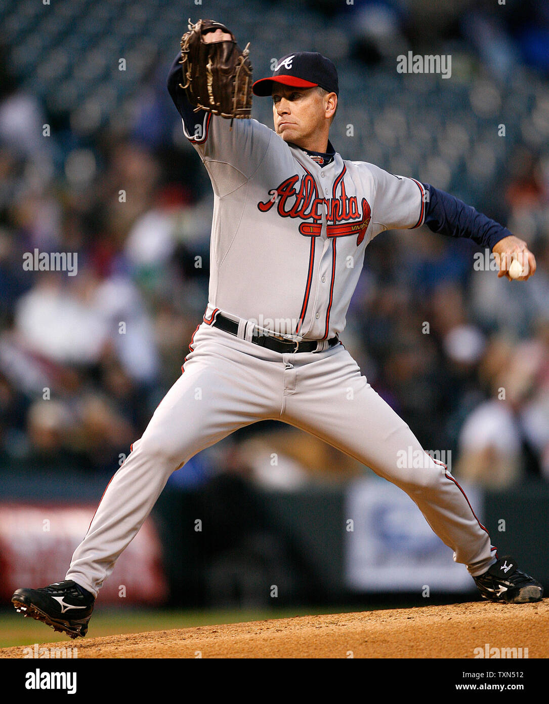 Atlanta Braves starting pitcher Tom Glavine throws against the Colorado  Rockies during the third inning at Coors Field in Denver on April 7, 2008.  (UPI Photo/Gary C. Caskey Stock Photo - Alamy