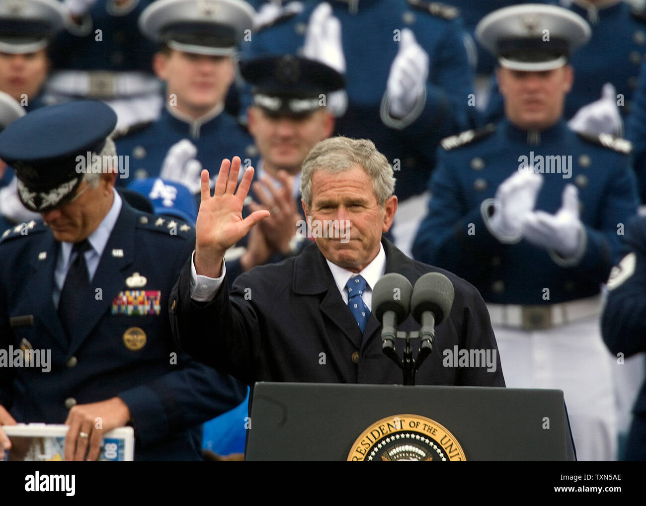 U.S. President George W. Bush concludes his commencement address at the ...