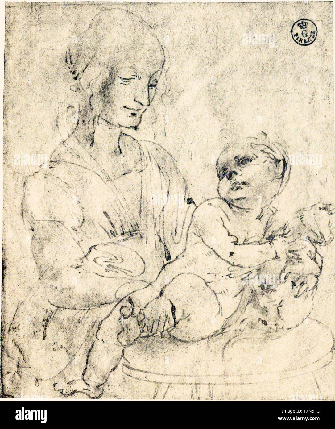 Leonardo Da Vinci, Madonna holding the Child, who fondles a kitten, drawing, circa 1480 Stock Photo