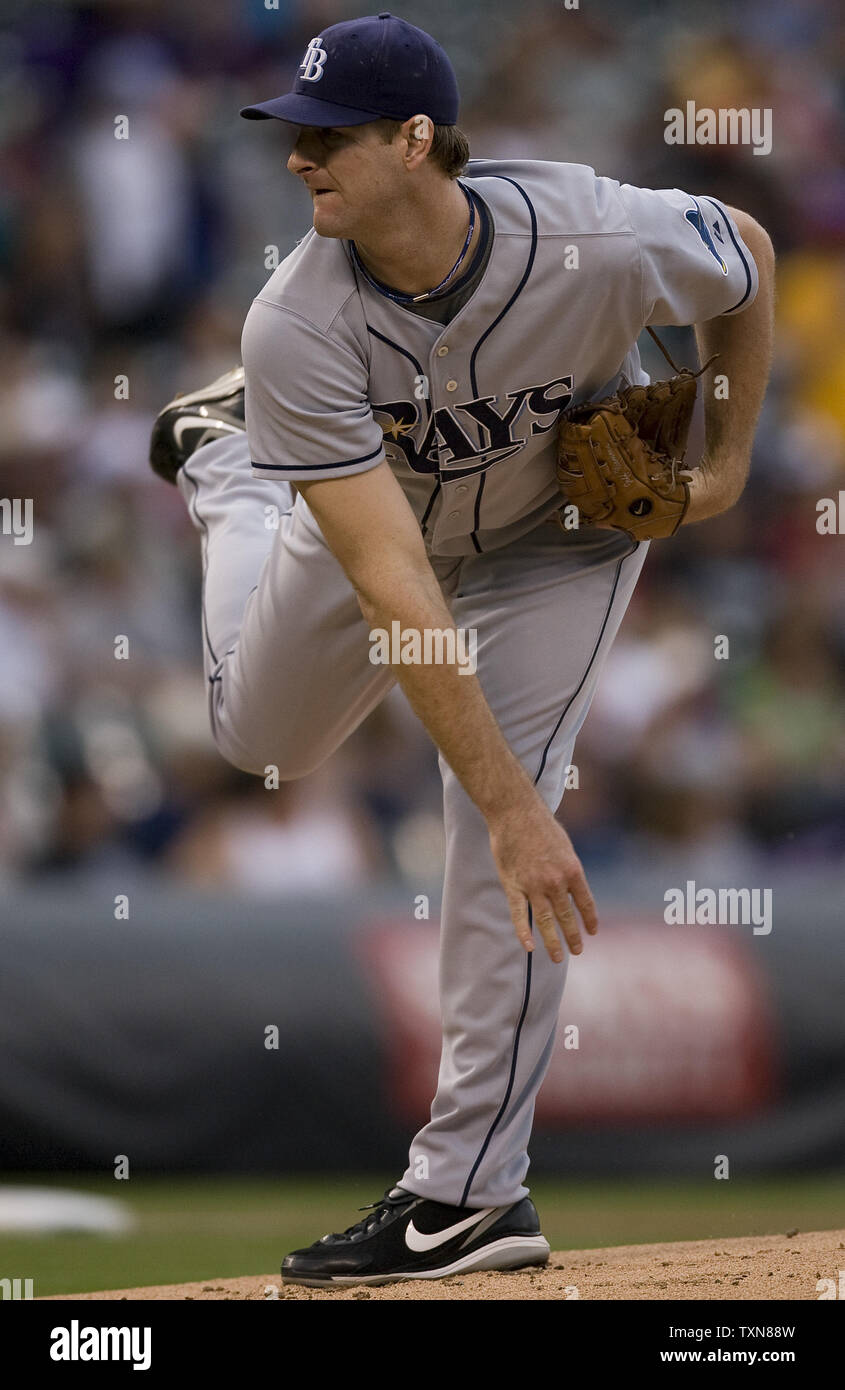 Tampa Bay Rays starting pitcher Jeff Niemann throws against the Colorado Rockies during an interleague game at Coors Field  in Denver on June 16. 2009.  Niemann earned the win as the Rays stopped the Rockies winning streak at eleven games with a 12-4 victory.     (UPI Photo/Gary C. Caskey) Stock Photo