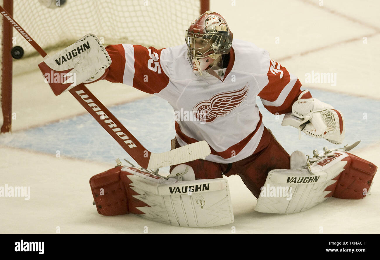 Detroit Red Wings goalie Jimmy Howard makes a save against the Colorado Avalanche during the third period at the Pepsi Center on March 1, 2010 in Denver.  Detroit beat Colorado 3-2 as the NHL returns to action following the Vancouver Olympics.     UPI/Gary C. Caskey Stock Photo